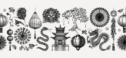Chinese New Year decoration in sketch style. China seamless border on chalkboard. NOT AT generated